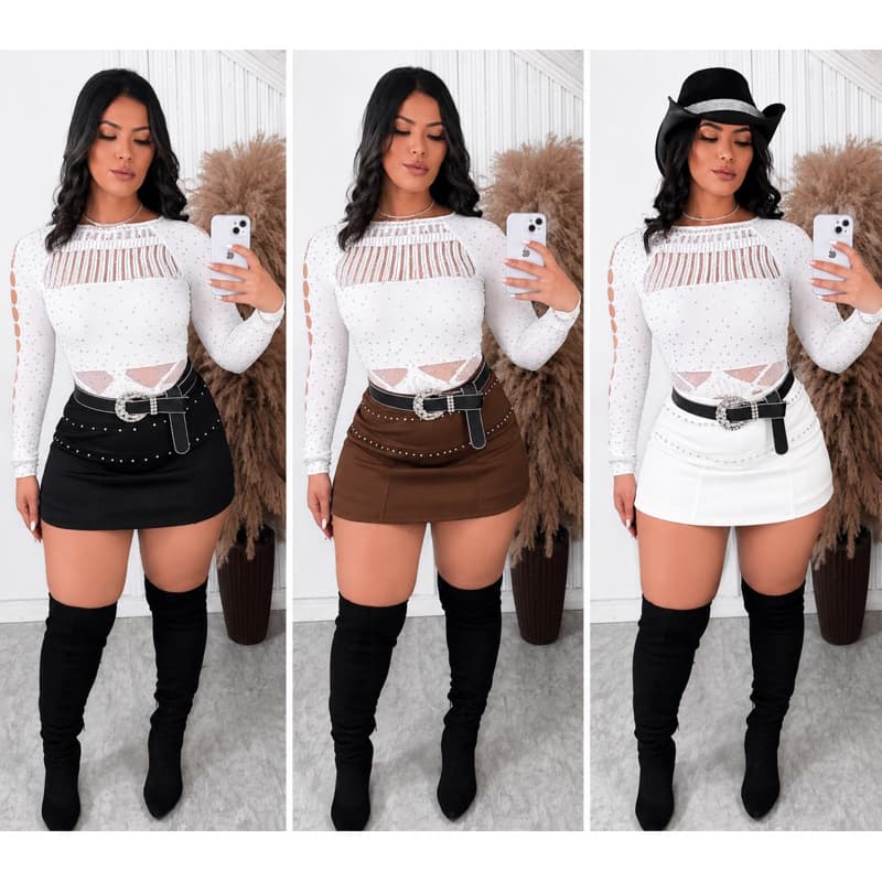 Look Completo Gringa Balada - (Body Cristal Gringa e Shorts Saia Spiker)somente look todo branco