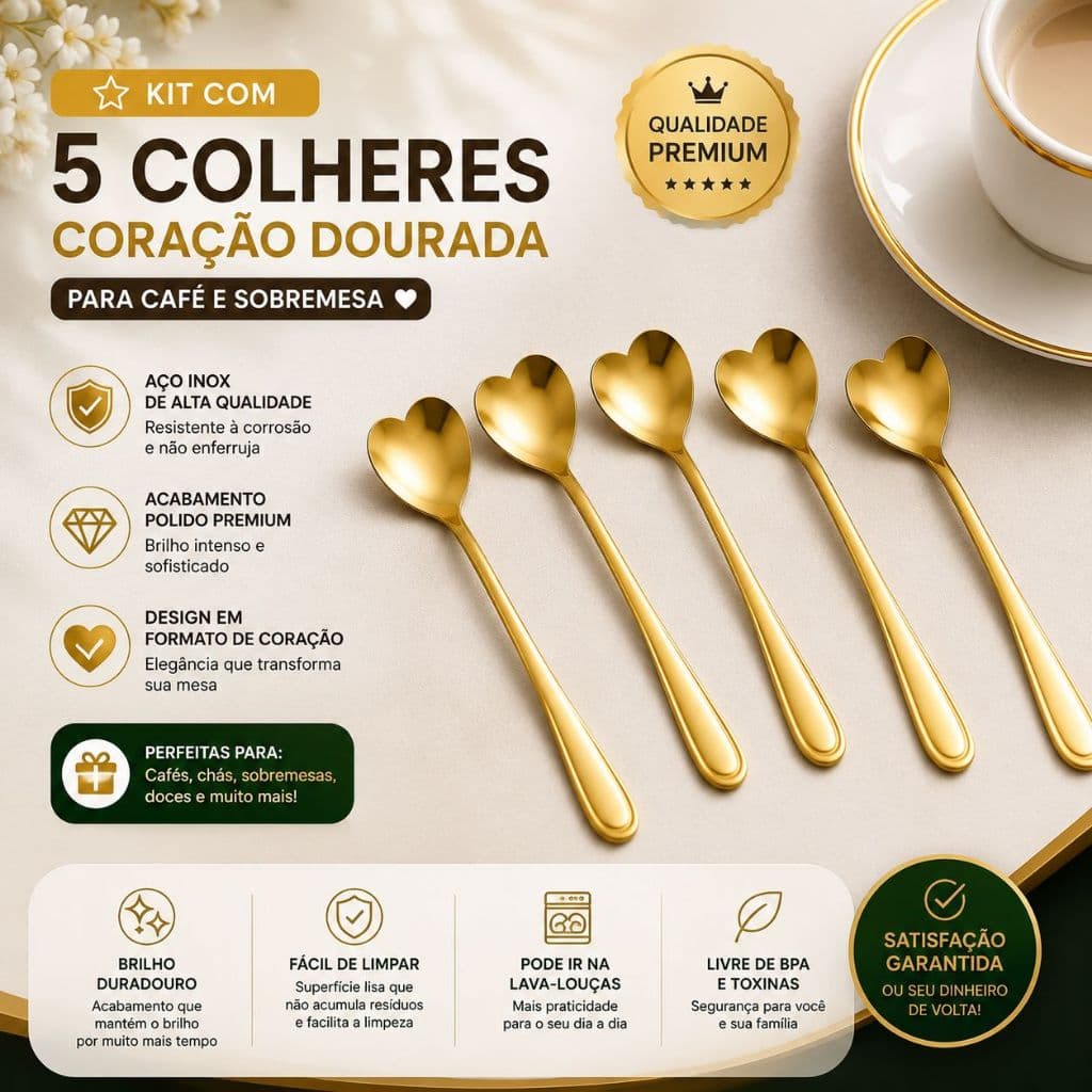 Kit Colheres Coração Fofa para Cozinha Mesa Posta Douradas Café Sobremesa Chá Aço Inoxidável