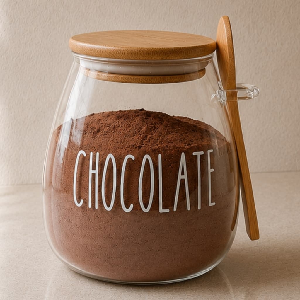 Pote hermético de vidro Bojudo Chocolate c/ tampa e colher de bambu 1L