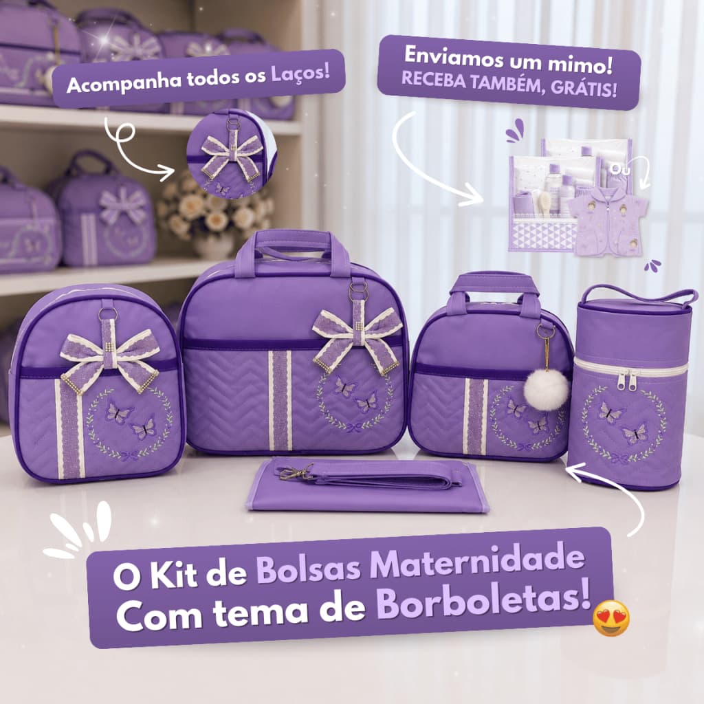 Conjunto Enxoval para Maternidade com Bolsas para Meninas Kit Completo com 5 peças Lilás/Rosa/Rosé