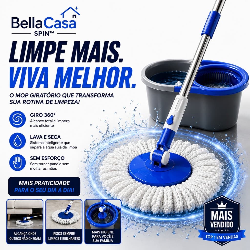 Mop Giratório 360° Com Balde Centrífuga Esfregão Microfibra Ergônomico Limpeza Rapida Passar Pano