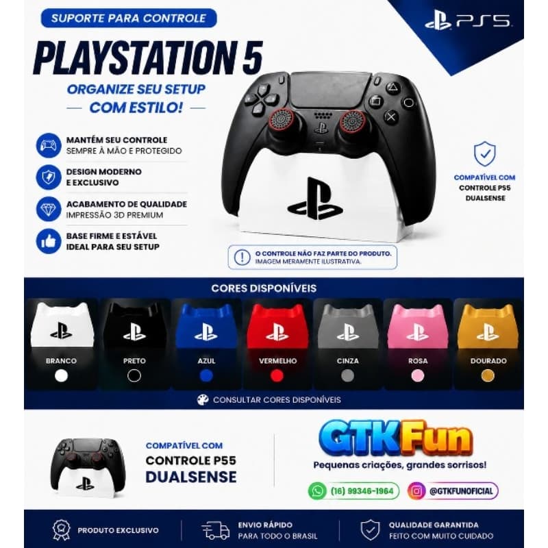 Suporte Controle PS5 DualSense Vertical Base Organizador Gamer Impressão 3D