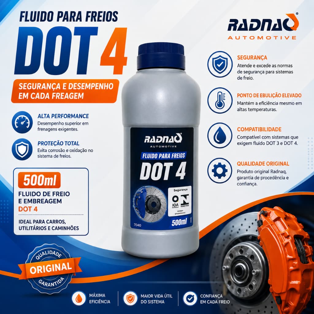 Fluido Óleo De Freio Dot 4 Radnaq 500ml Carro Moto Caminhão Embreagem Hidráulica Freios ABS