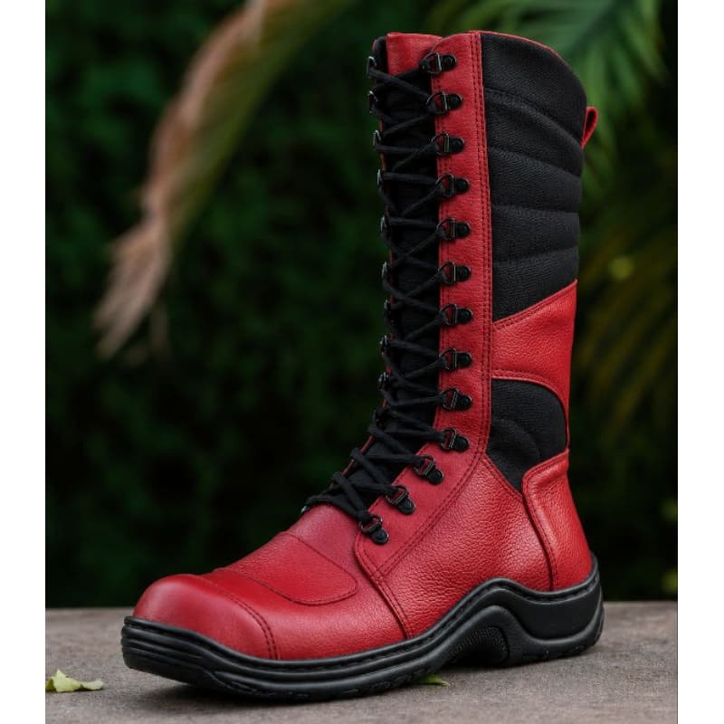 coturno  lançamento em couro vermelho e pretopara para  motociclista , rock  bota cano alto