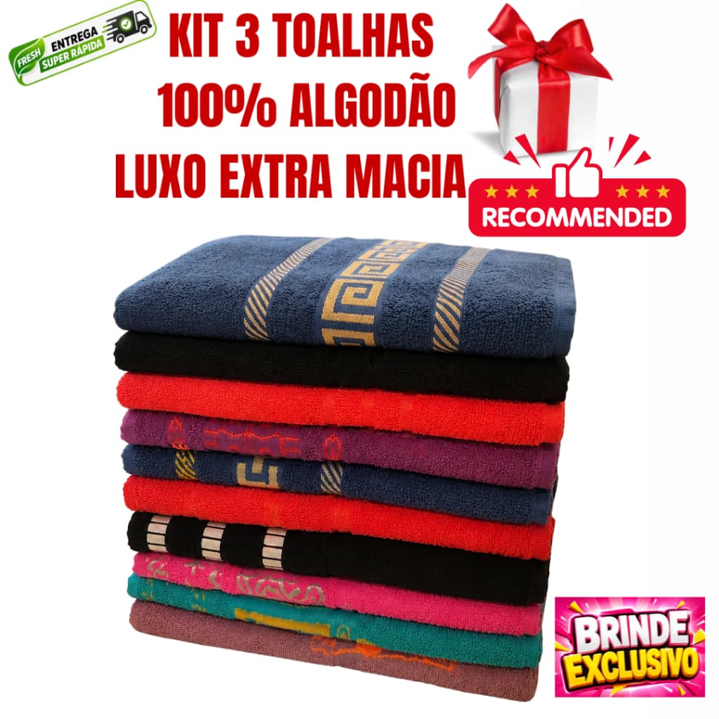 Kit  Econômico 3 Toalhas Banho 100% Algodão Premium Extra Macia Lindos Modelos Elegantes Cores Sortidas