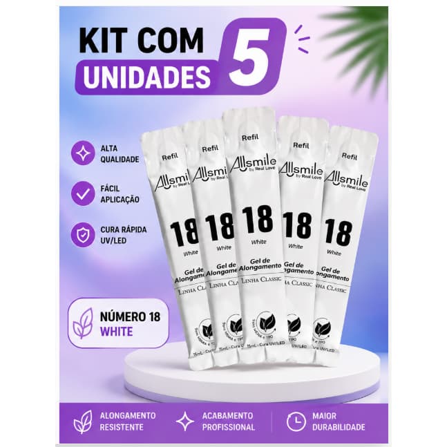 5 Unidades Refil Sachê Gel 18 Branco White Real Love Linha Classic 15ml Alongamento Allsmile