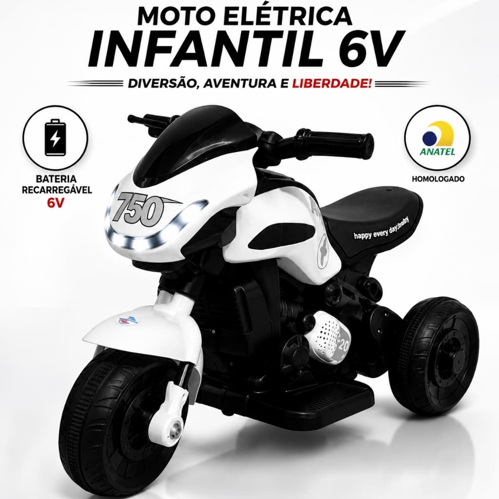 Moto Elétrica Infantil Branca com LED, Música, Frente e Ré, Bateria Recarregável | até 30kg - OFERTA