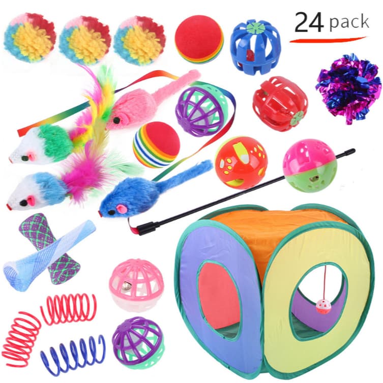 Kit Túnel Labirinto e Ate 24 Brinquedo Sortido Para Gatos Cães Interativo Cat Brinquedo