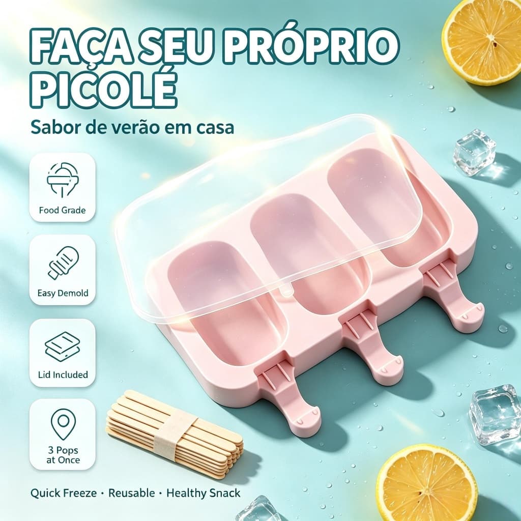 Forma de Sorvete 1 Unidade Oval – 3 Cavidades, Inclui Palitos e Tampa, Silicone Alimentício S2