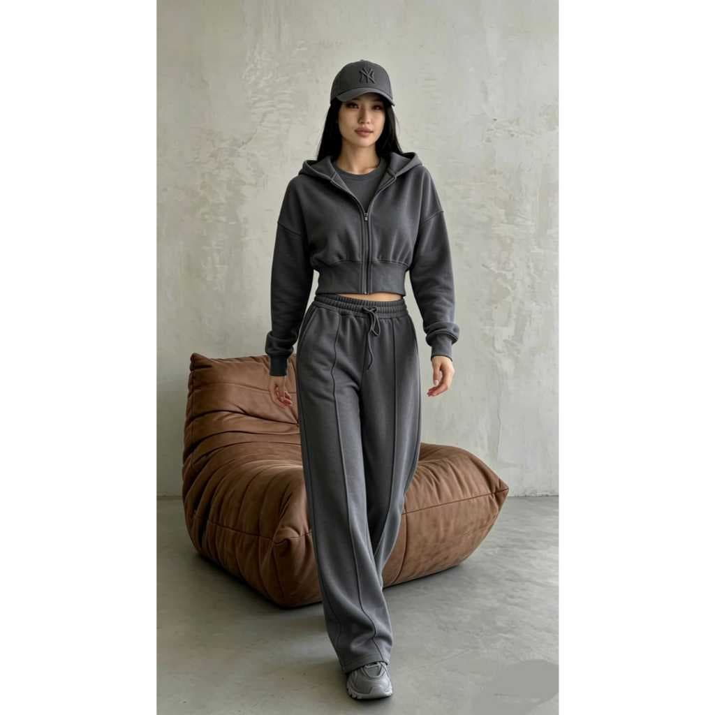 Conjunto Moletom Feminino  Calça longo  com capuz e zíper moda inverno top P-M-G