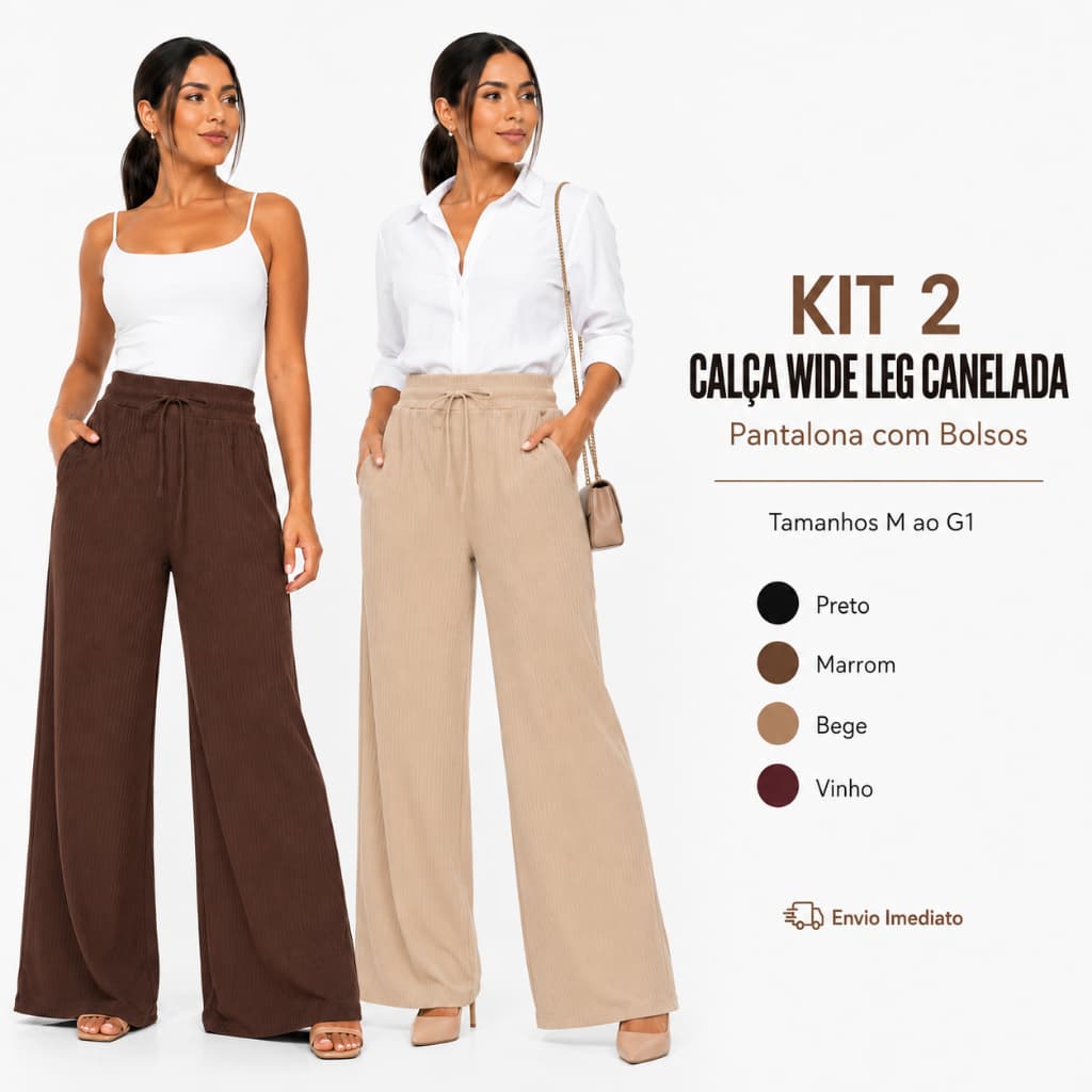 Kit 2 Calça Wide Leg Canelada Pantalona Com Bolsos Lisa Feminino Cintura Alta Cordão Confortável