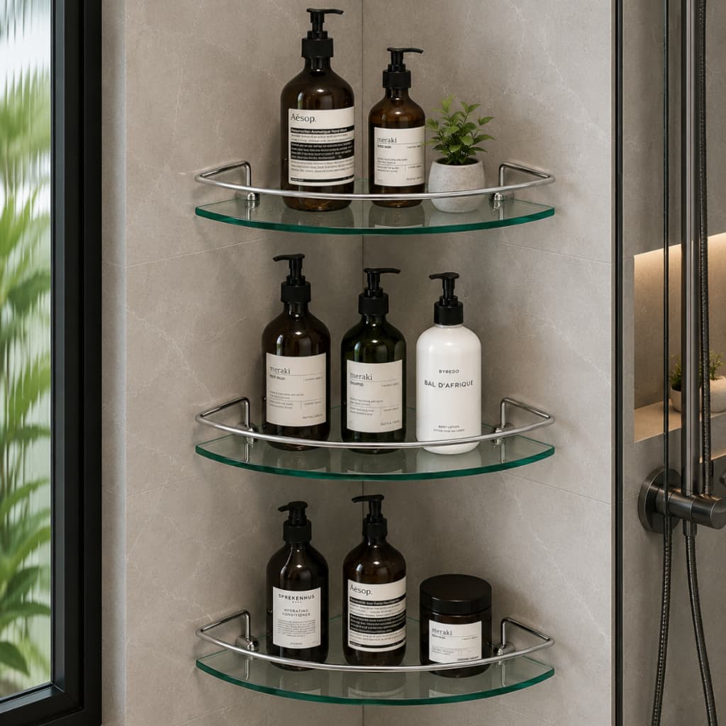 Kit 3 Prateleira de Canto Vidro Porta Shampoo Objetos Organizador para Banheiro Cozinha e Lavanderia