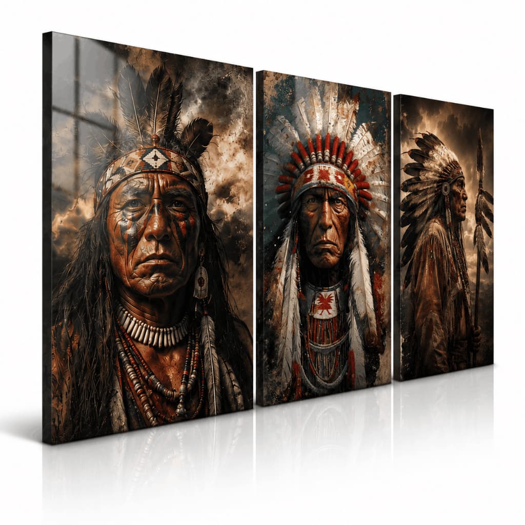 Kit 3 Quadros Decorativos Chefes Indígenas Arte Tribal Americana para Sala Quarto Escritório