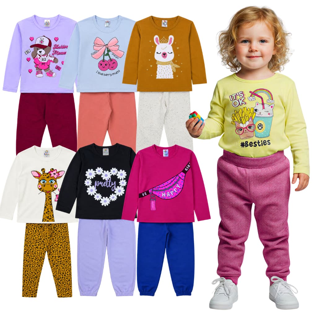 Kit 6 Peças Infantil Manga Longa Menina Calça + Blusa Meia Estação Roupa Feminina 3 Conjuntos