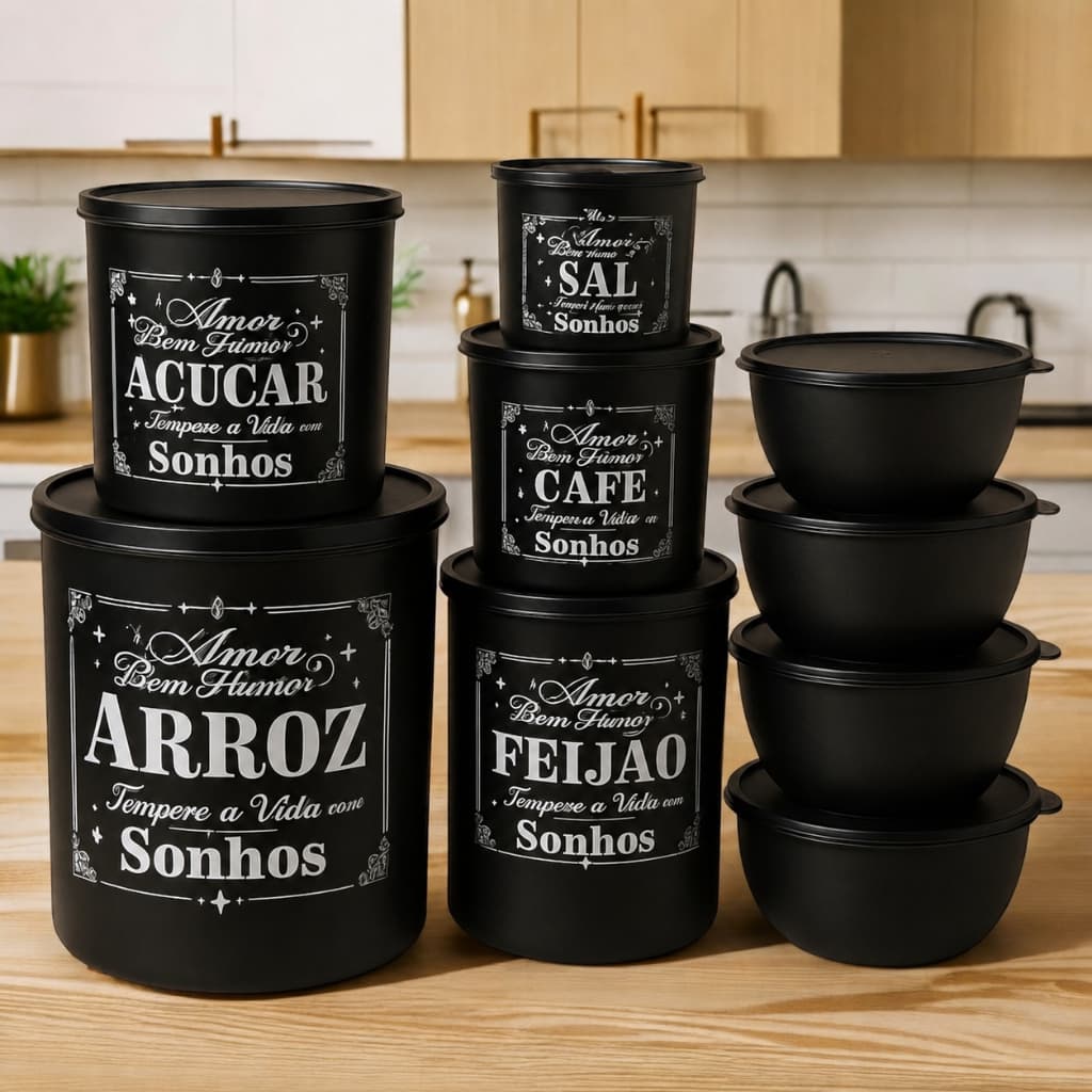 Kit 9 potes e potinhos de condimentos e mantimentos para Arroz, Feijão, Açúcar, Café para Cozinha