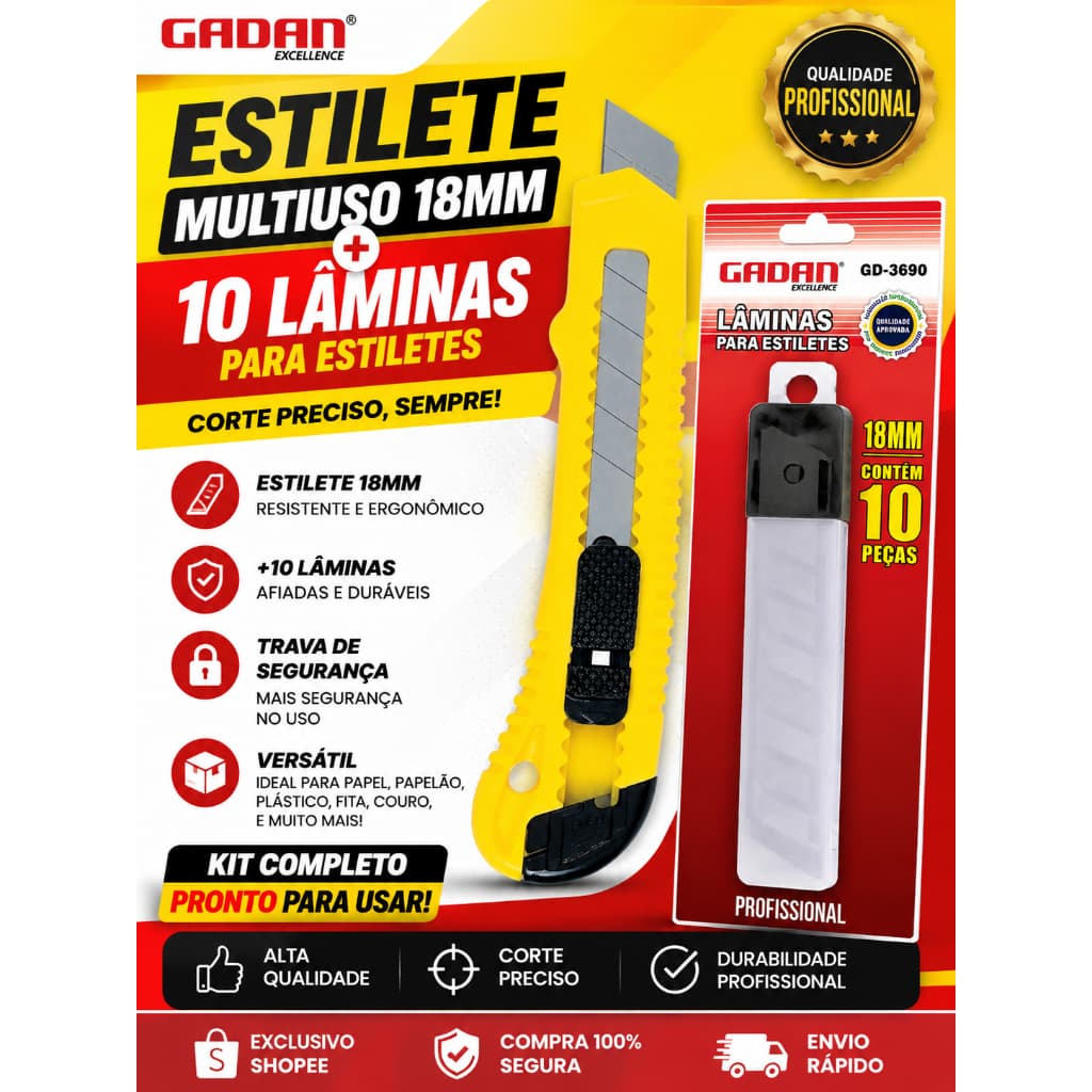 Kit Estilete Tradicional + 10 Lâminas de Estilete Refil Profissional