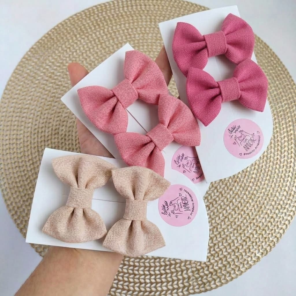Laço de Linho Kit 3 Pares Lacinho De Cabelo Para Bebê Menina Presilha Acessório Infantil