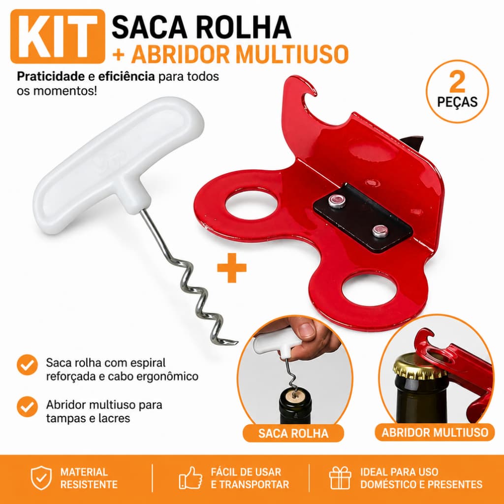 Kit Saca Rolha Profissional + Abridor de Garrafa e Lata Multiuso em Aço Resistente 2 Peças