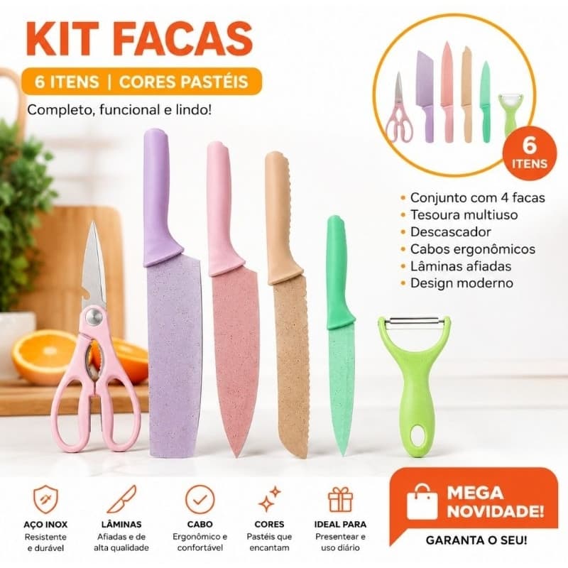 Kit Facas Cozinha 6 Peças Aço Inox Coloridas com Tesoura e Descascador.