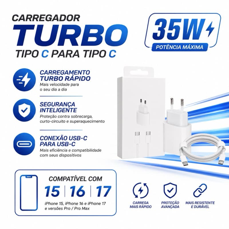 Kit Carregador Turbo 35W USB‑C → USB‑C + Cabo 1m — Carregamento Rápido PD para iPhone 15/16/17