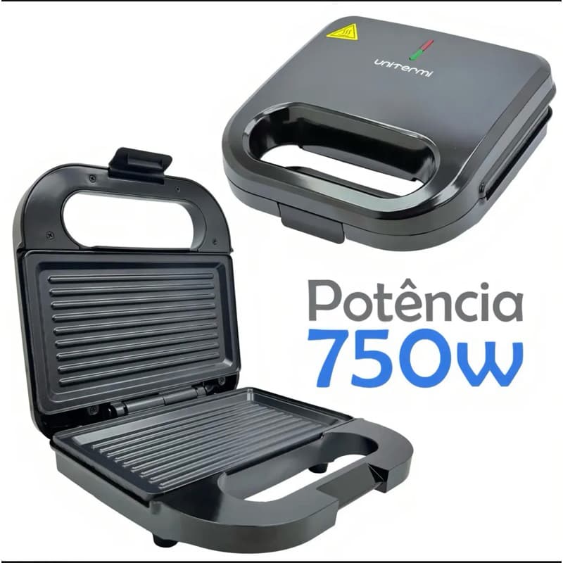 Sanduicheira Elétrica Preta Unitermi 220V e 127V – 750W de Potência, Antiaderente