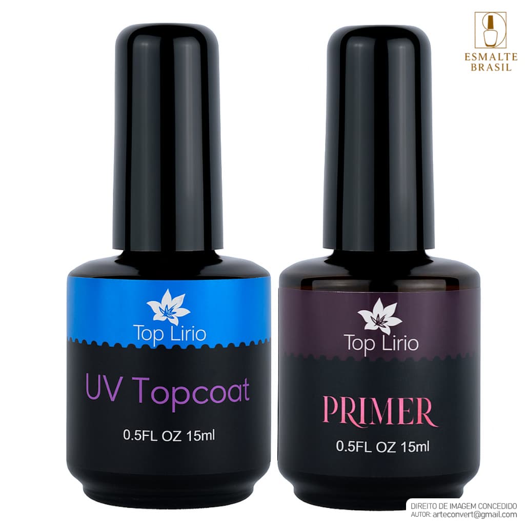 Kit Topcoat + Primer Lirio 15ml Iniciante Manicure LED UV Unhas Top coat