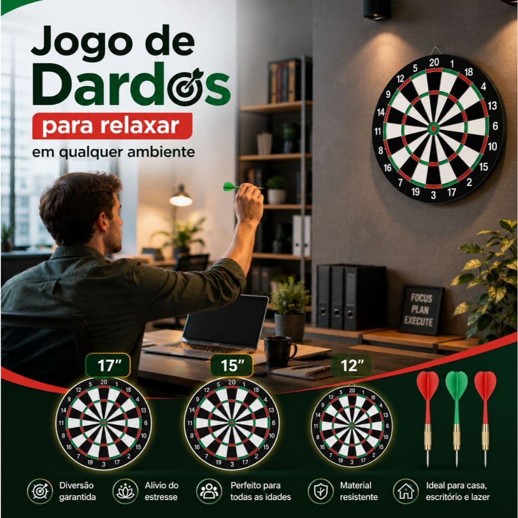 Jogo de Dardos Profissional 12" 15" 17" com 6 Dardos para sua Casa, Escritório, Área Gourmet,  Festas, Bar e Muito mais