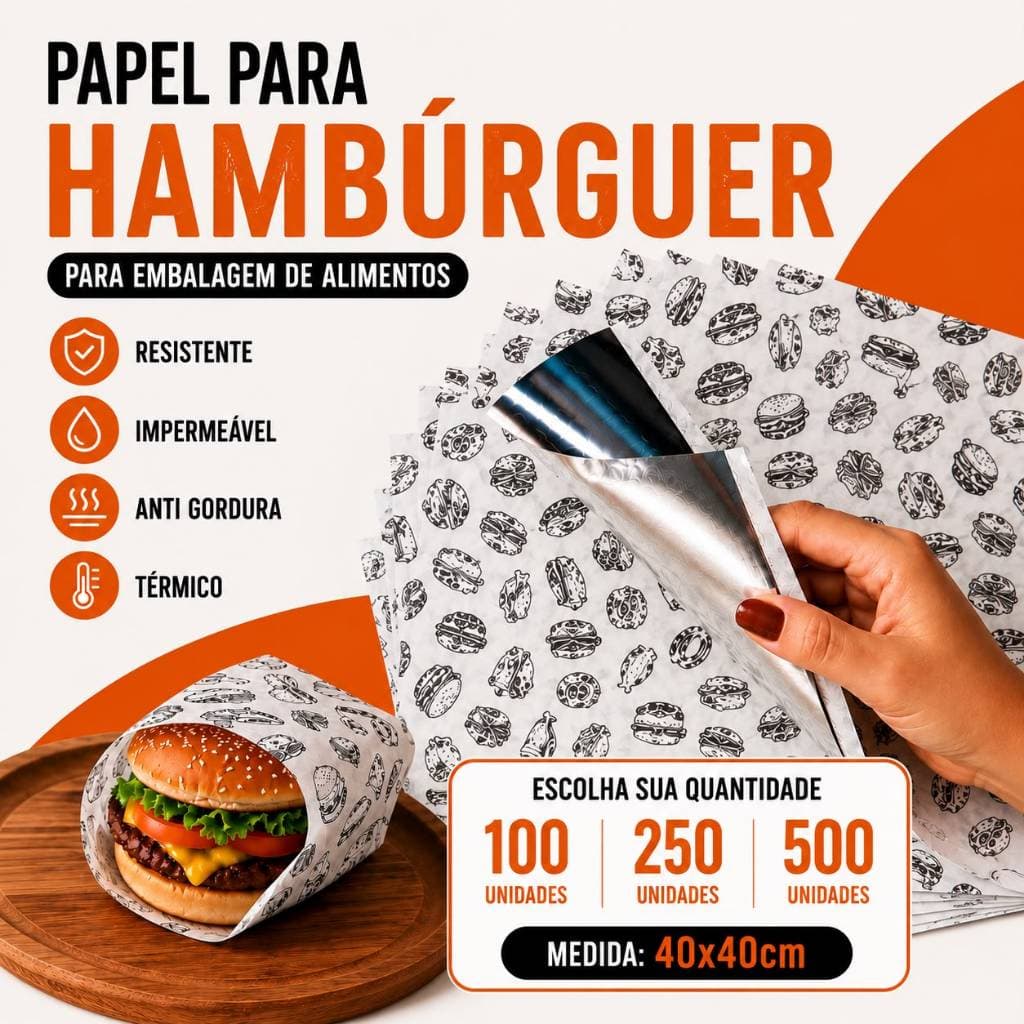 Kit Papel Acoplado Térmico 40x40 Anti Gordura Hambúrguer Delivery Metalizado para Lanche Fast Food C/100 250 500