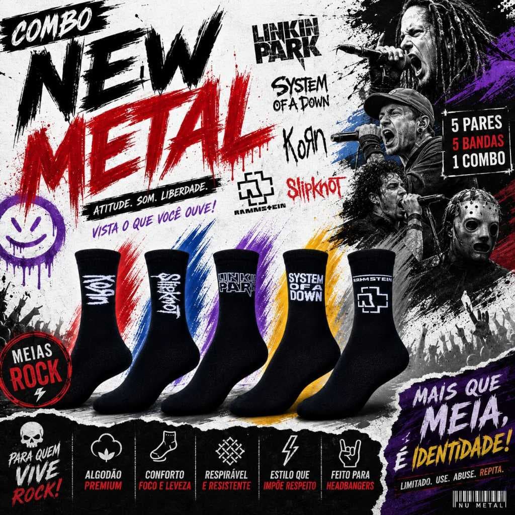 Meias Rock de Algodão, Bandas Rock n Roll, New Metal, Cano Longo Kit 5 Pares