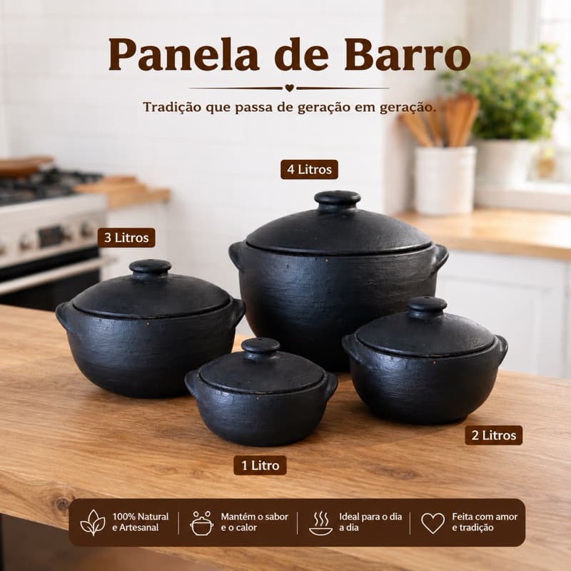 Kit Panela de Barro Capixaba 1L/2L/3L/4L + 4 Suportes - Curado Pronto para Uso