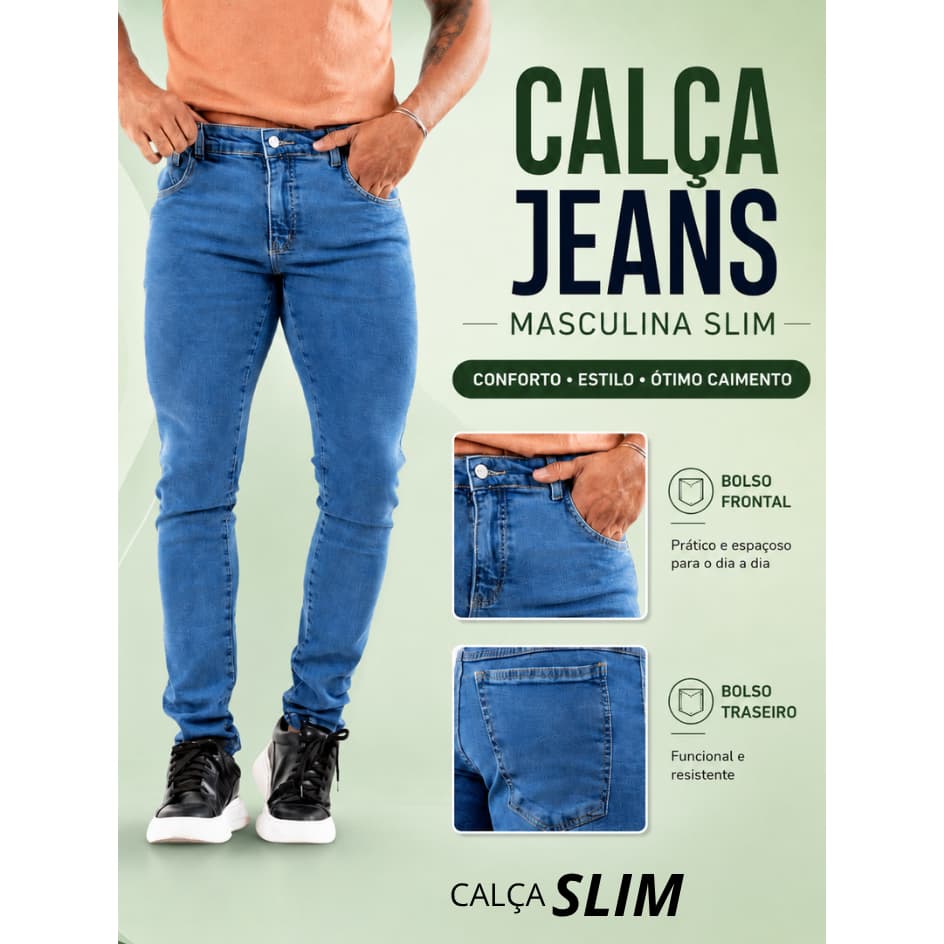 Calça Jeans Masculina Skinny Azul Claro  Com Elastano e Bolsos Funcionais E Costura Reforçada