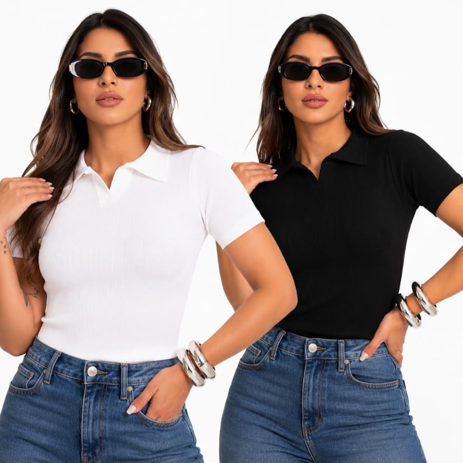 KIT 2 Blusa Feminina Gola Polo Canelada Básica Moderna Confortável Dia a Dia.