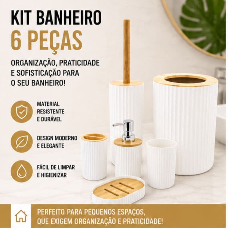 Kit Banheiro Branco 6 Peças com Bambu Completo Organizador Porta Sabonete Lixeira Escova Sanitária