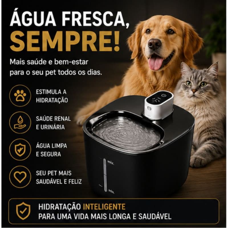 Fonte Bebedouro Pet Wireless Inox 4 Litros Preto Sem Fio Automático Silencioso para Gatos e Cachorros