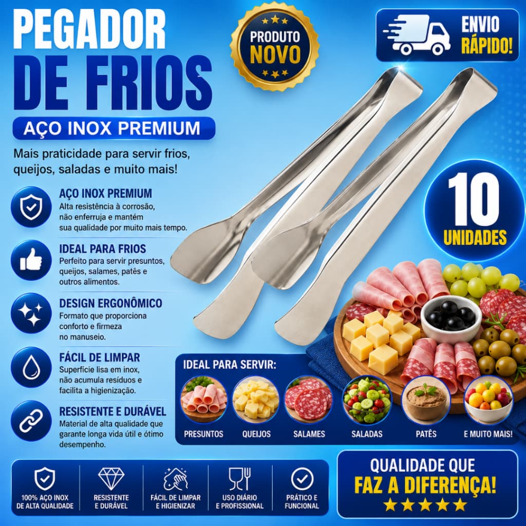 Conj10 e 5 Pegador de Frios para Presunto Mussarela de Aço Inox Petiscos Salame Salada de Massas