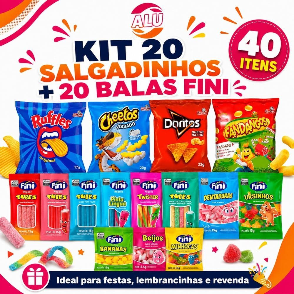 Kit Festa 20 Salgadinhos Elma Chips + 20 Balas Fini Sortidas 40 Unidades