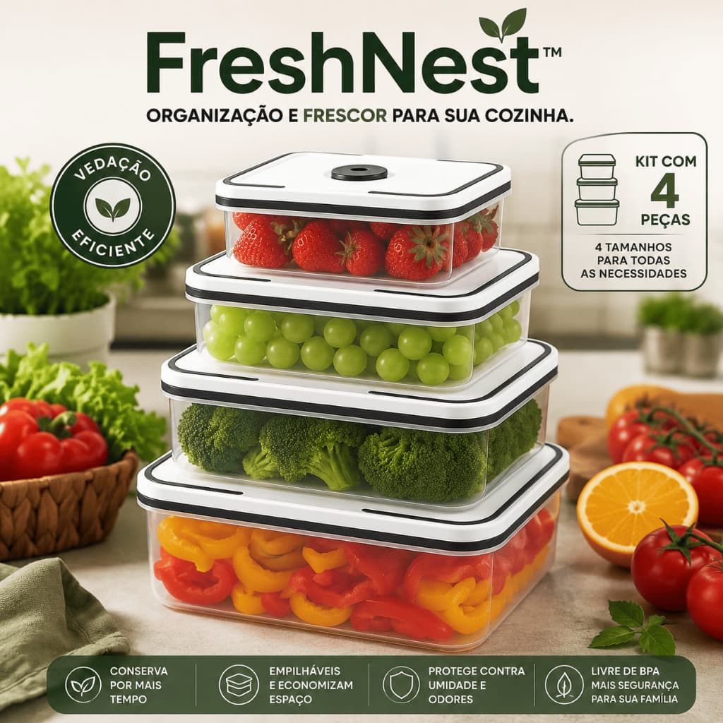 Kit 4 Potes Herméticos com Tampa para Alimentos Plástico Transparente Empilhável Organizador de Geladeira FreshNest™.