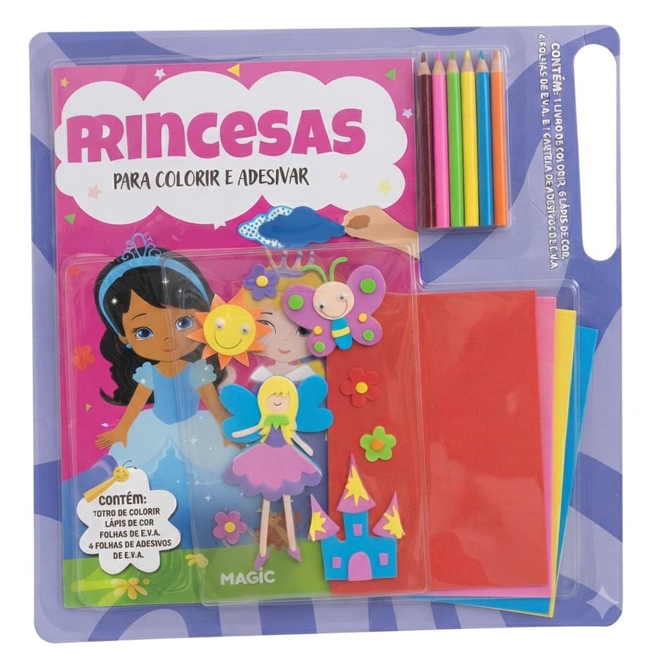 Livro de Colorir´´Princesas´´E ´´Dinossauros´´Com Lapis de cor e Adesivos Infantil Brincar e Aprender