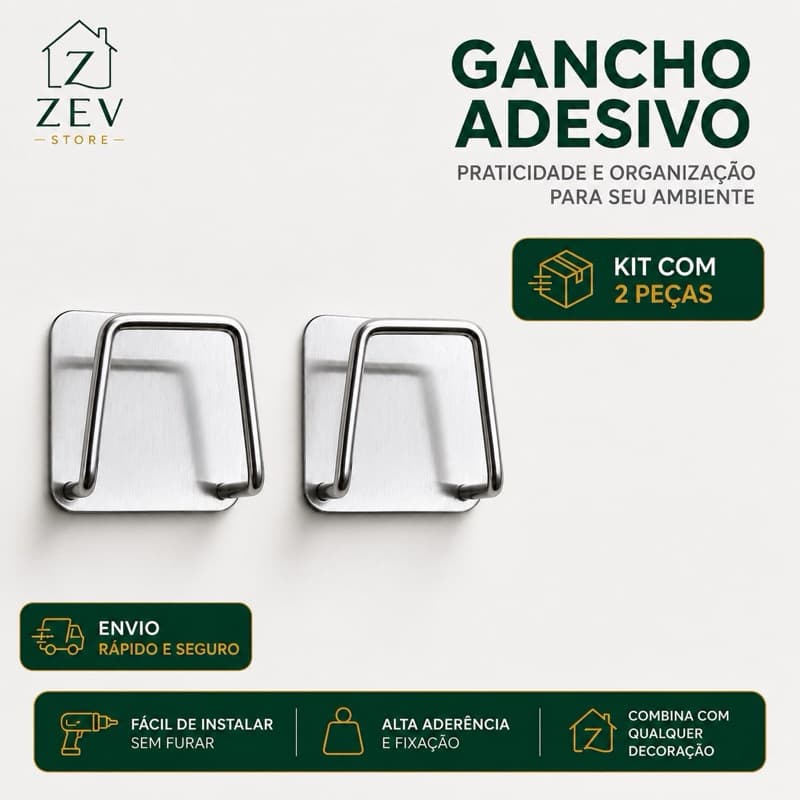Kit Gancho Adesivo 3M Inox Cozinha e Banheiro Sem Furar, Suporte para Bucha, Toalha, Panos, Utensílios, Alta Fixação.