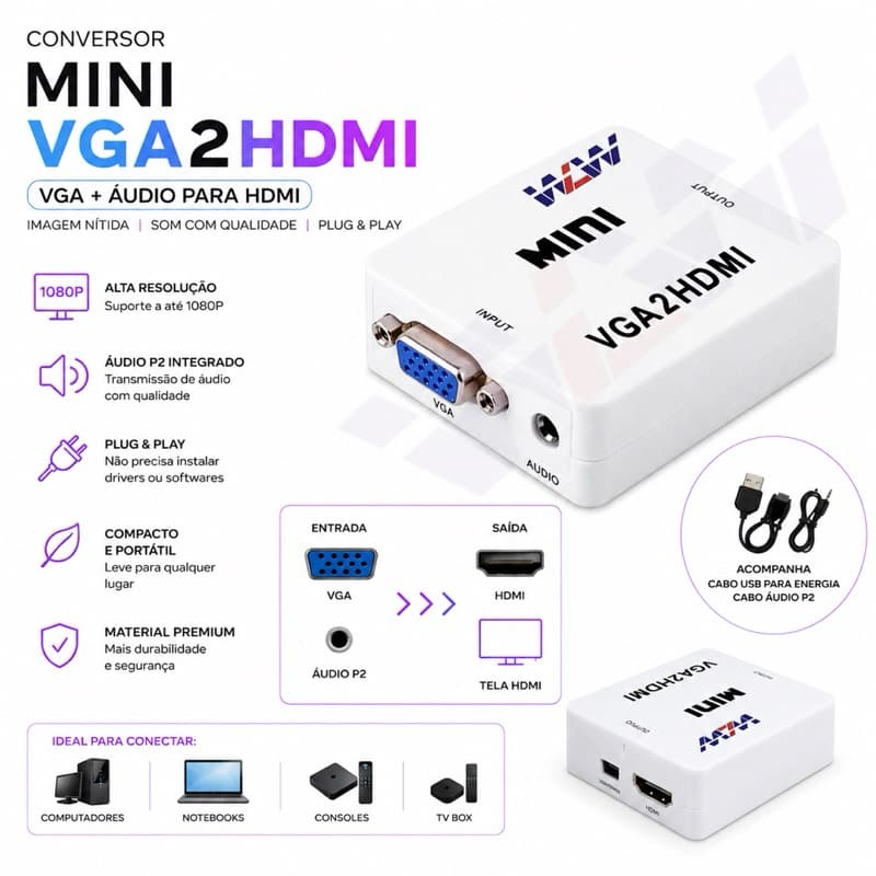 Cabo Adaptador Mini Conversor Vga Para Compatível com HDMI Com Audio/video