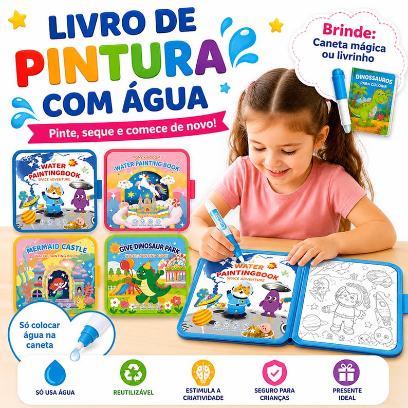 Livro de Colorir Infantil com Água Magico Reutilizável Sem Sujeira Brinquedo Educativo Crianças