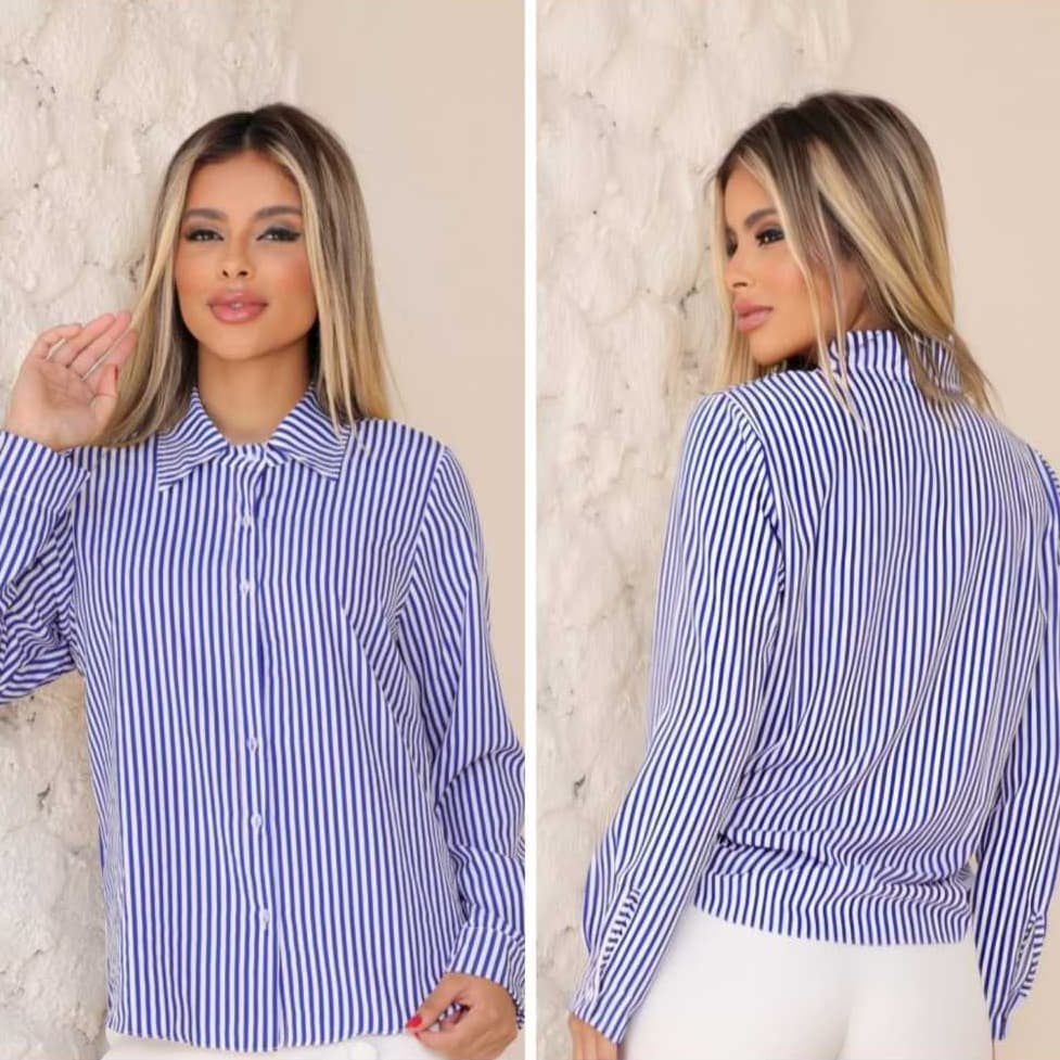 Camisa Social Listrado Feminino Manga Longa com Botões em Tecido Crepinho Elegante Casual P M G GG