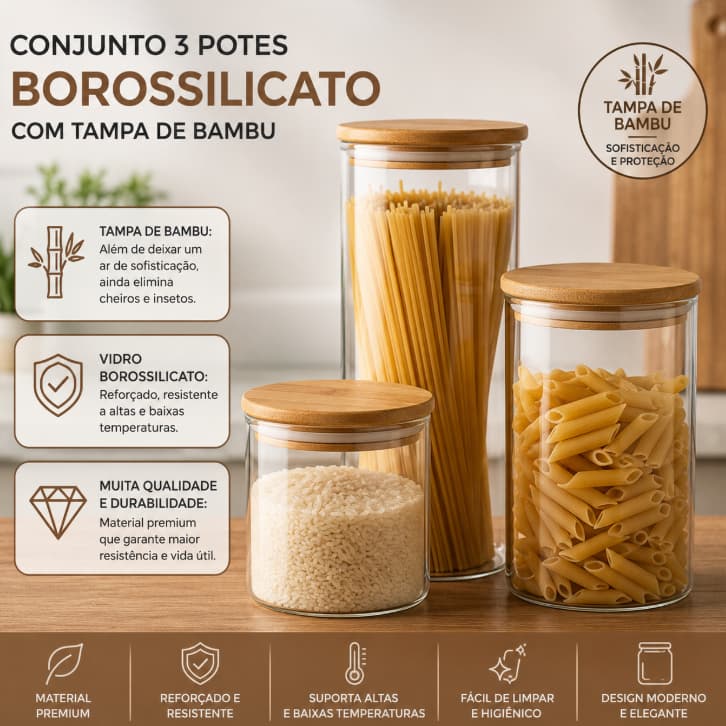 Kit com 3 Potes 700ML,1100ML,2000ML com Tampa de Bambu Borossilicato- Allmix
