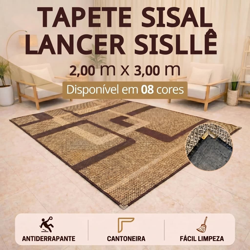 Tapete Sala 3,00 x 2,00 m Sisal Lancer Sisllê Antiderrapante Cantoneira Aço Cromado Sala Quarto