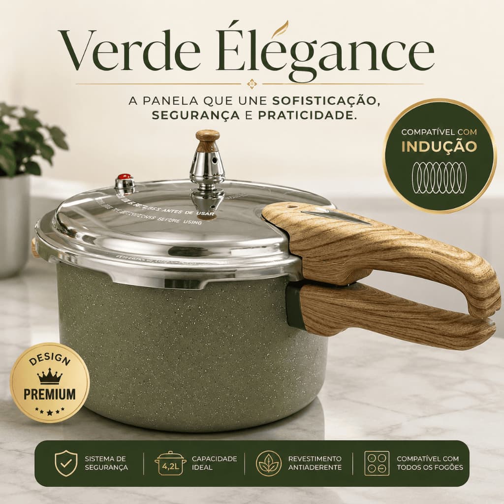 Panela de Pressão Indução 4,2L Max Chef Wood Verde Acinzentado | Antiaderente, Alta Durabilidade e Segurança