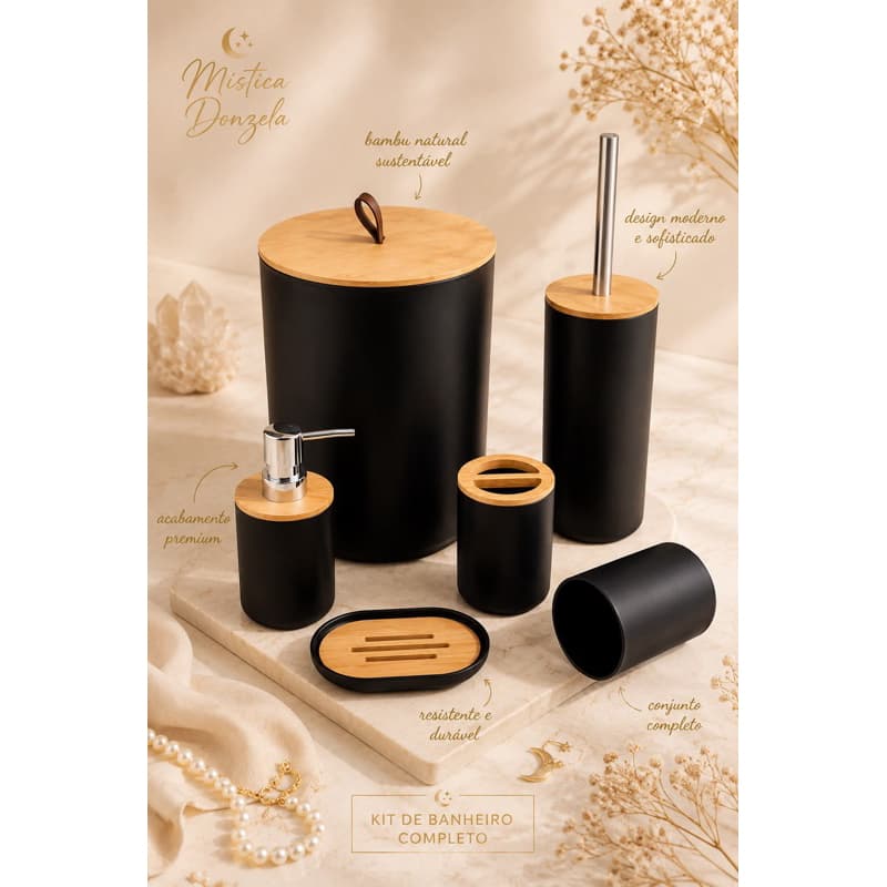Kit para Banheiro 5 Peças Preto Fosco com Bambu – Lixeira, Dispenser e Acessórios
