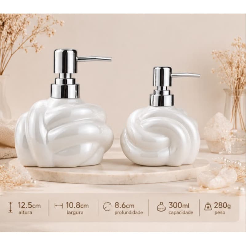 Kit Porta-Sabonete Líquido e Dispenser para Banheiro em Cerâmica Branca Perolada/Prata/Dourado e Rosé 300ml