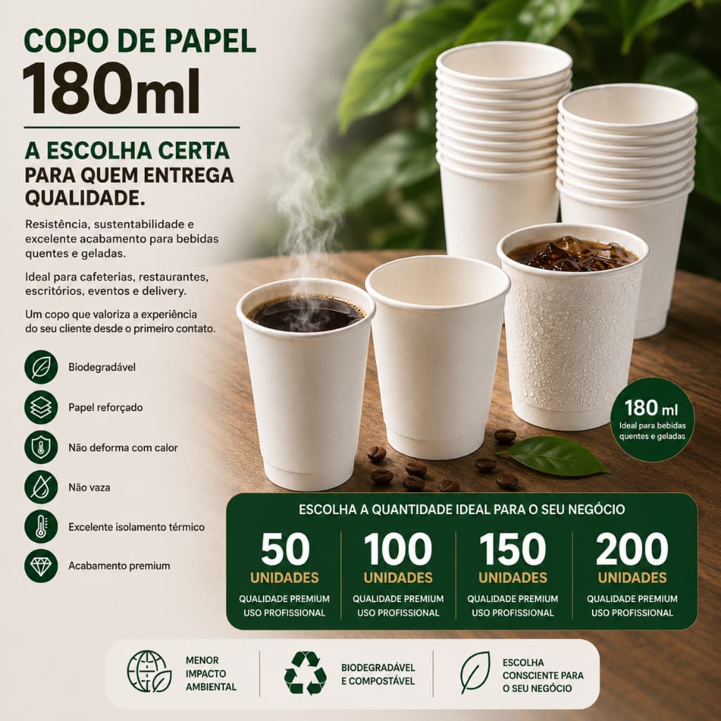 Kit Copo Papel 180ml até 200un Descartável Biodegradável Branco Bebida Quente Resistente Térmico Eco