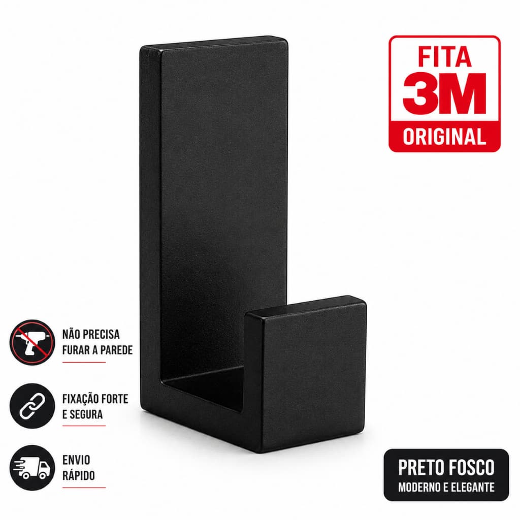 Cabide Adesivo de Parede Preto 1 Peça - Instalação Sem Furos, Design Moderno