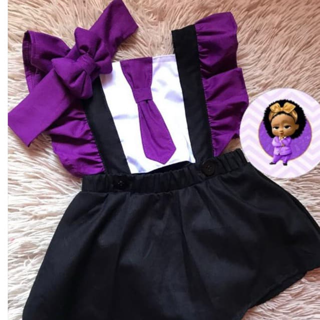 jardineira romper infantil menina tema poderosa chefinha roxa acompanha turbante alcas regulaveis